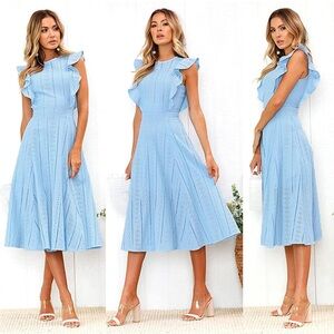 Ecowish Midi A-Line Ruffle Cop Sleeve Eyelet Blue Office Summer Dress Casual